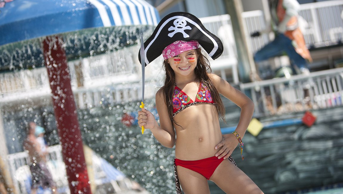Girl with pirate hat in Myrtle Beach hotel